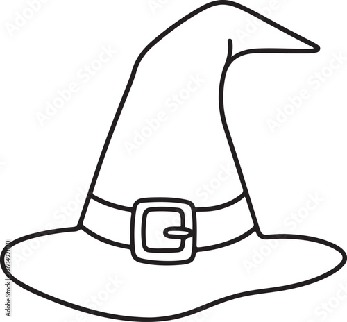 A minimalist black and white line art illustration of a classic pointed witch hat with a buckle, perfect for Halloween and spooky-themed designs.