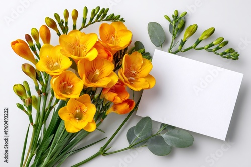Yellow freesia bouquet with blank white card