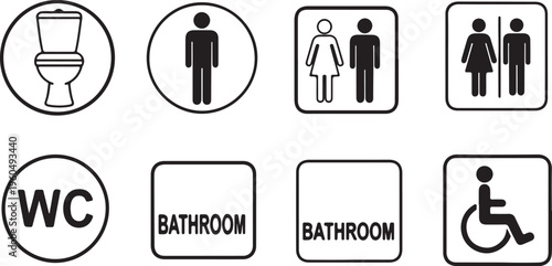 Minimalist black and white restroom icons featuring male, female, unisex, and disability access symbols for clear public wayfinding.