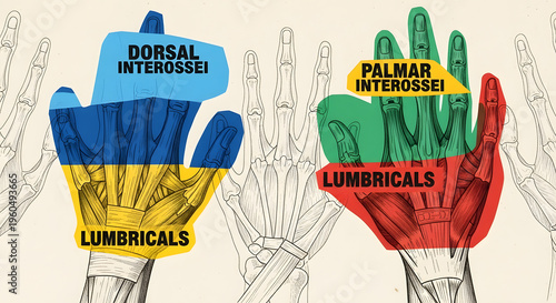 Anatomical diagram showing dorsal interossei palmar interossei and lumbricals muscles of hand