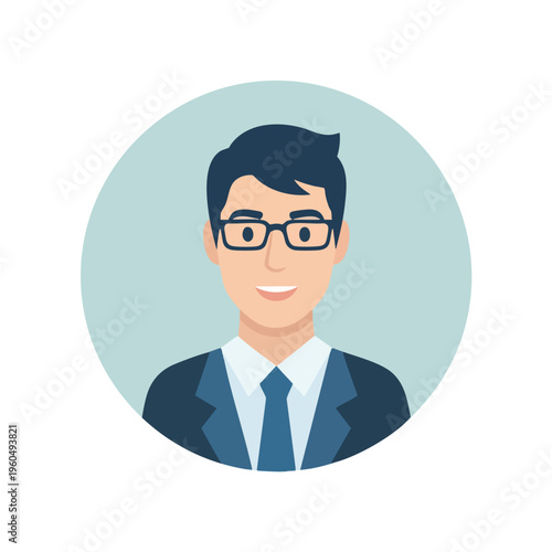 A smiling person in a suit and glasses, with dark hair, rendered in a flat, cartoonish style