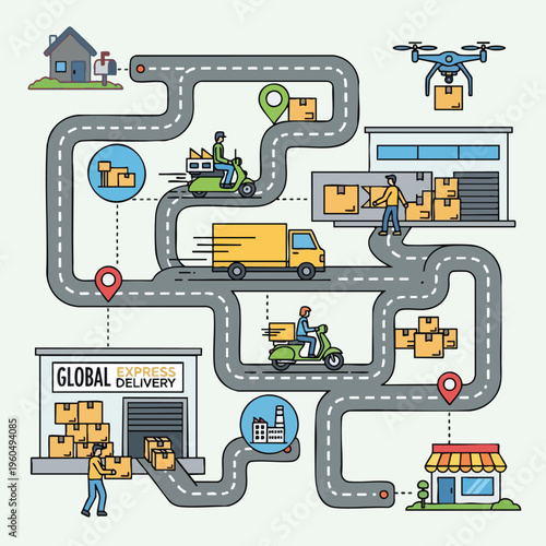 A logistic network shows delivery vehicles, packages, warehouses, and destinations