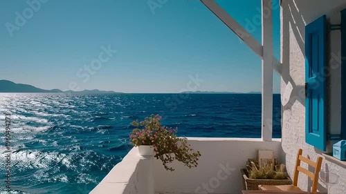Serene ocean view from a white balcony with blue shutters and a wooden chair overlooking waves and distant land on a sunny day