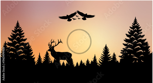silhouette of deer(in a sunset background forest)