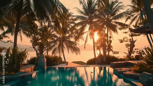 Woman relaxes by serene pool surrounded by palm trees at sunset