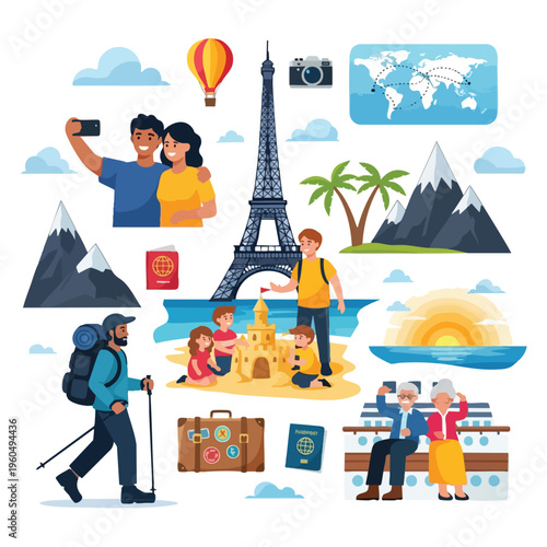 Collage of travel scenes featuring people, landmarks, and transportation