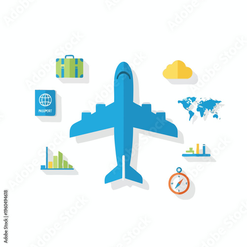 Blue airplane surrounded by travel icons suitcase, passport, world map, bar chart, cloud, compass