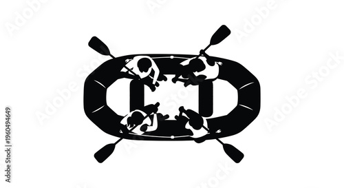 A group of people enjoying a recreational boat ride paddling with oars on the water silhouette high quality