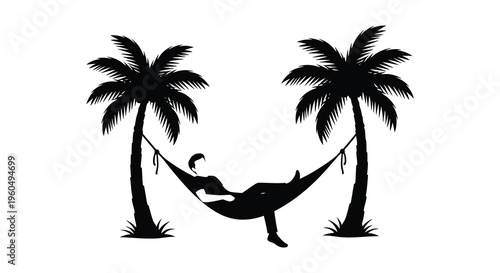 A relaxed person lies in a hammock strung between two palm trees depicted in a striking silhouette