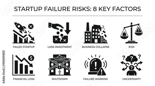 Startup Failure & Financial Risk Vector Icon Set – Bold Vectors Featuring Business Collapse, Investment Loss, Shutdown Alerts, Risk Navigation, and Economic Uncertainty