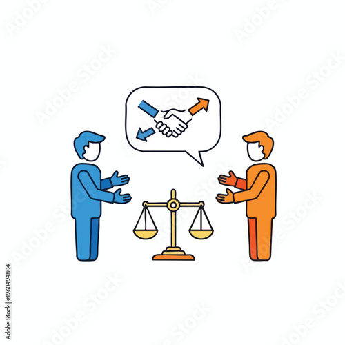 Two figures talk near a scale, with a handshake in a speech bubble