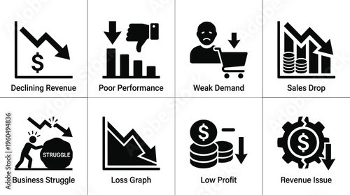 Revenue Decline & Business Performance Issue Vector Icon Set – Bold Vectors Featuring Sales Drop, Poor Metrics, Financial Loss, Weak Demand, and Struggling Operations