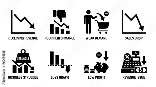 Revenue Decline & Business Performance Issue Vector Icon Set – Bold Vectors Featuring Sales Drop, Poor Metrics, Financial Loss, Weak Demand, and Struggling Operations