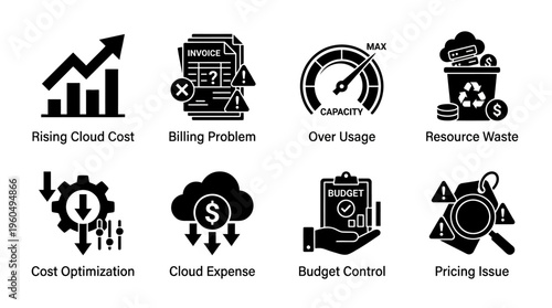 Cloud Cost Management & Pricing Issue Vector Icon Set – Smart Vectors Featuring Budget Control, Overusage, Billing Problems, Resource Waste, and Cost Optimization Strategies