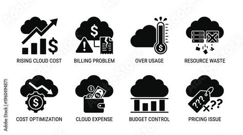 Cloud Cost Management & Pricing Issue Vector Icon Set – Smart Vectors Featuring Budget Control, Overusage, Billing Problems, Resource Waste, and Cost Optimization Strategies