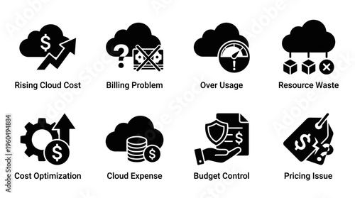 Cloud Cost Management & Pricing Issue Vector Icon Set – Smart Vectors Featuring Budget Control, Overusage, Billing Problems, Resource Waste, and Cost Optimization Strategies