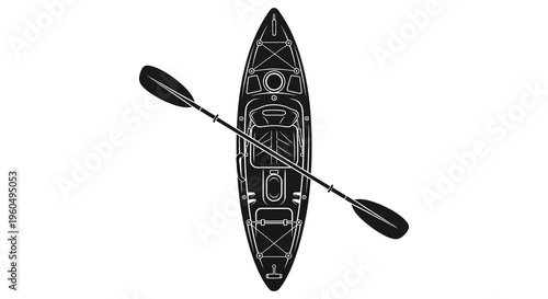 A detailed overhead view showcases a black kayak and paddle presenting a striking silhouette high quality professional modern