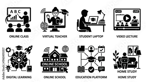 Online Education & Remote Learning Vector Icon Set – Smart Vectors Featuring Virtual Classes, Digital Schools, Student Devices, Video Lectures, and E‑Learning Platforms