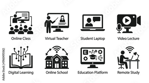 Online Education & Remote Learning Vector Icon Set – Smart Vectors Featuring Virtual Classes, Digital Schools, Student Devices, Video Lectures, and E‑Learning Platforms
