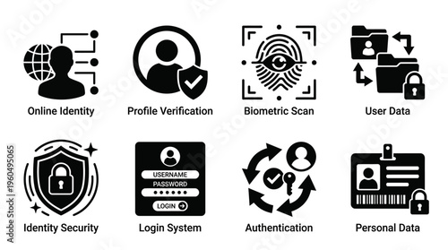 Digital Identity & Data Security Vector Icon Set – Secure Vectors Featuring Online Profiles, Biometric Scans, Login Systems, Authentication, Personal Data, and User Privacy