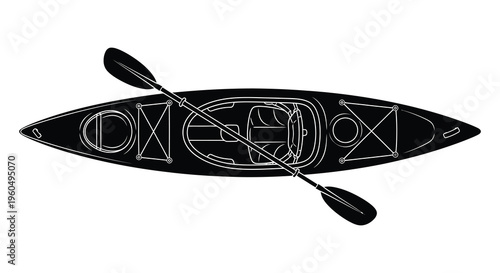 A detailed overhead view showcases a black kayak and paddle presenting a striking outline silhouette high quality professional