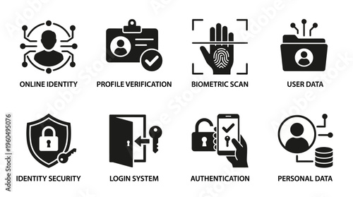 Digital Identity & Data Security Vector Icon Set – Secure Vectors Featuring Online Profiles, Biometric Scans, Login Systems, Authentication, Personal Data, and User Privacy