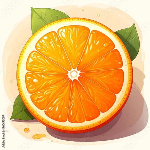 A vibrant orange slice with green leaves on a beige background