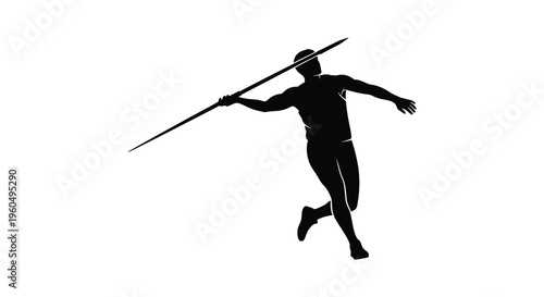 A dynamic illustration depicts an athlete preparing to throw a javelin captured in a striking silhouette high quality