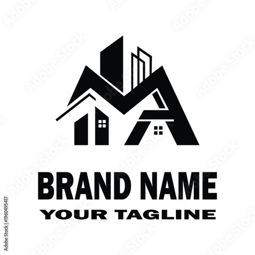 Black and white logo design featuring stylized houses and brand name text on a clean