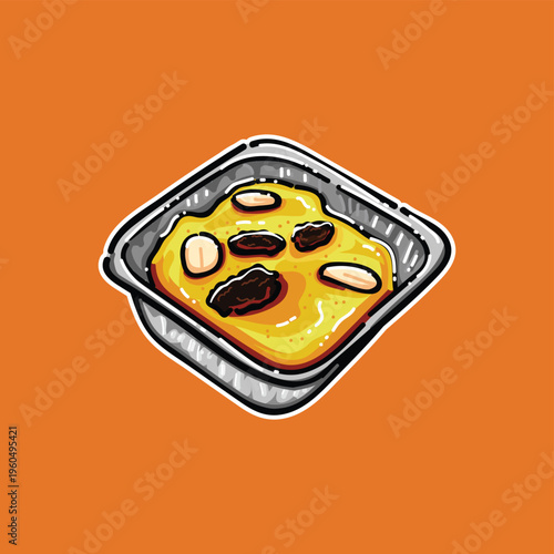 Baked Custard Dessert With Almonds and Raisins in Foil Tray Illustration on Orange Background