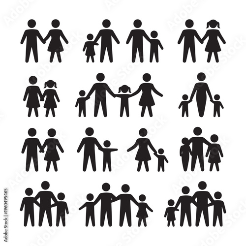Stick Figure Social Interaction Icons – Individuals, Families and Community Vector Set