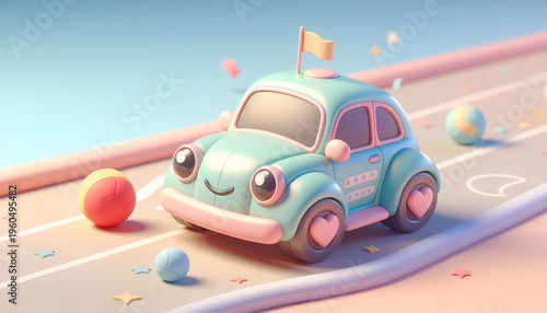 Charming Teal Cartoon Car with Heart Wheels and Friendly Face.