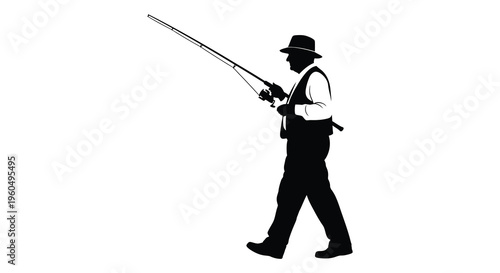 A solitary fisherman stands with rod and reel captured in a striking dark silhouette high quality professional detailed