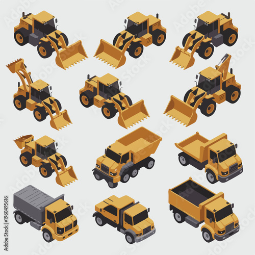 Isometric Construction Vehicles Set (Wheel Loaders & Trucks) – Vector 3D Style