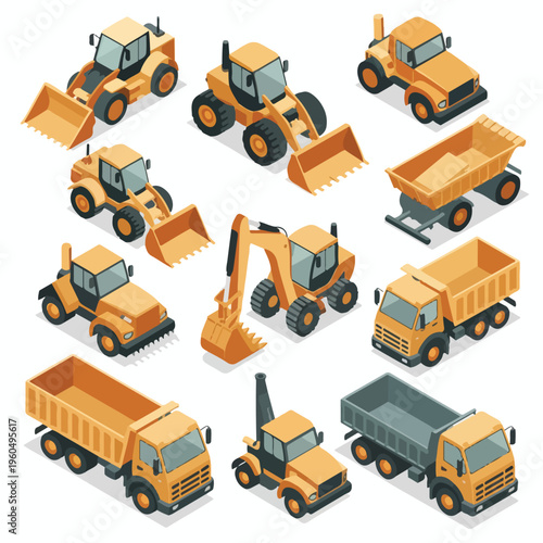 Isometric Construction Vehicles Set (Wheel Loaders & Trucks) – Vector 3D Style