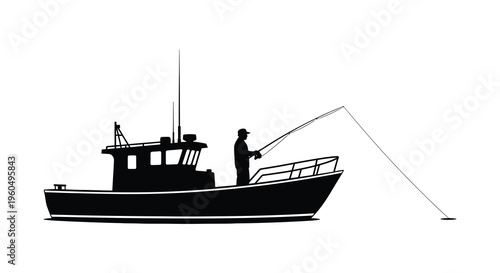 A solitary fisherman casts a line from a small boat depicted as a striking black silhouette high quality