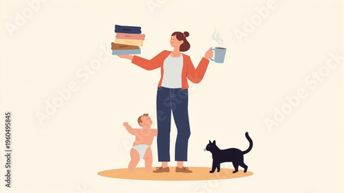 flat illustration of busy mom 
