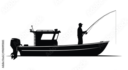 A solitary fisherman casts a line from a small boat creating a striking dark silhouette high quality professional