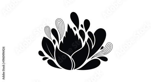 An abstract floral arrangement is depicted in a striking black and white composition showcasing a bold silhouette