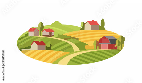 Flat rural village and farmland landscape with barn fields and trees isolated on white background vector illustration
