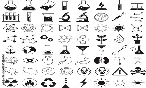 A collection of black and white icons depicting scientific concepts laboratory equipment biological structures and hazard symbols high quality professional detailed modern elegant stylish clean crisp