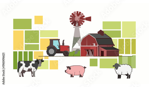 Detailed countryside farm village scene with tractor windmill and fields isolated on white vector illustration