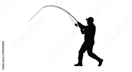 A lone fisherman battles a large fish his rod dramatically bent in a dynamic pose silhouette high quality