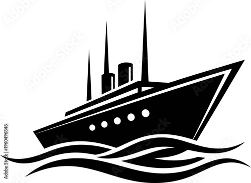 Black silhouette of a ship sailing on wavy waters