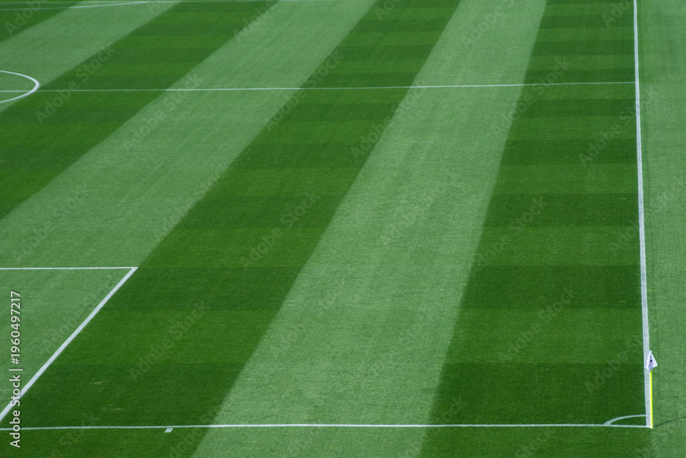 Obraz premium Background Texture of International-Standard Football Pitch with Striped Grass and Field Lines Under Clear Conditions
