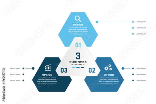 3 Options Venn Business diagram infographic geometric chart template with Triangular Center and Hexagonal Segments Featuring Icons for Corporate Strategy, Workflow, and Data Visualization