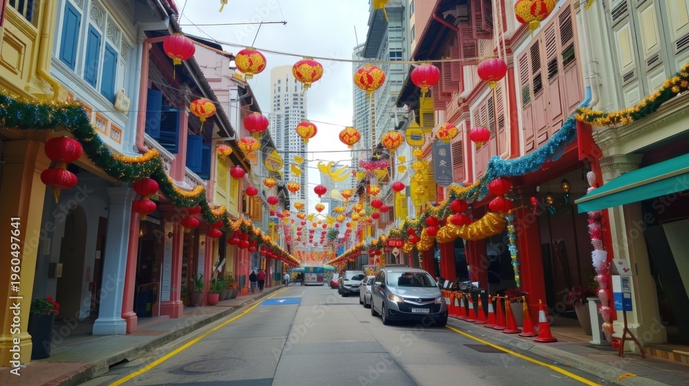 Naklejka premium Evening in Chinatown With Lanterns