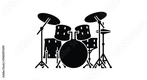 A striking black silhouette depicts a complete drum kit showcasing musical instruments in a minimalist style silhouette