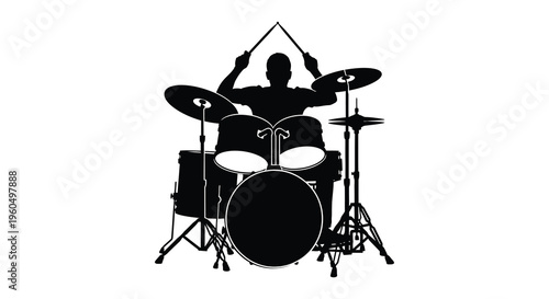 A striking black silhouette of a drummer energetically playing a full drum kit with cymbals silhouette high quality