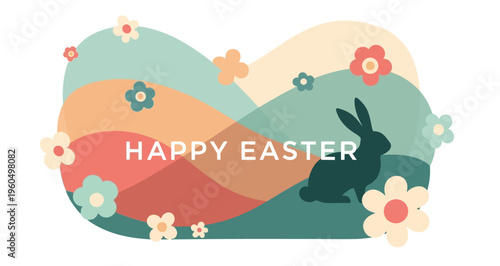 Retro abstract wavy landscape with Happy Easter text dark bunny silhouette and pastel flower decorations graphic illustration